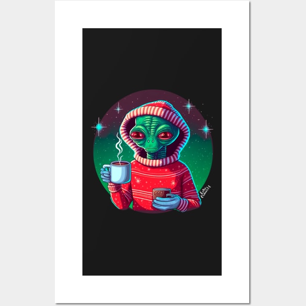 Christmas Funny Alien Wearing Sweater Wall Art by extraordinar-ia